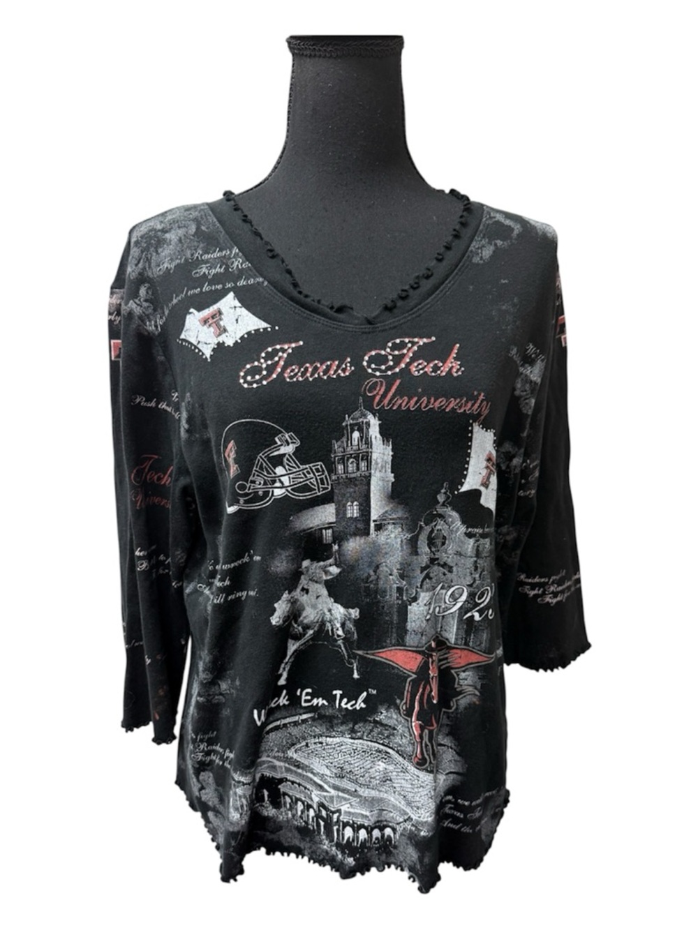 Texas Tech University Graphic Top Black Red Rhinestone Tee Large NCAA